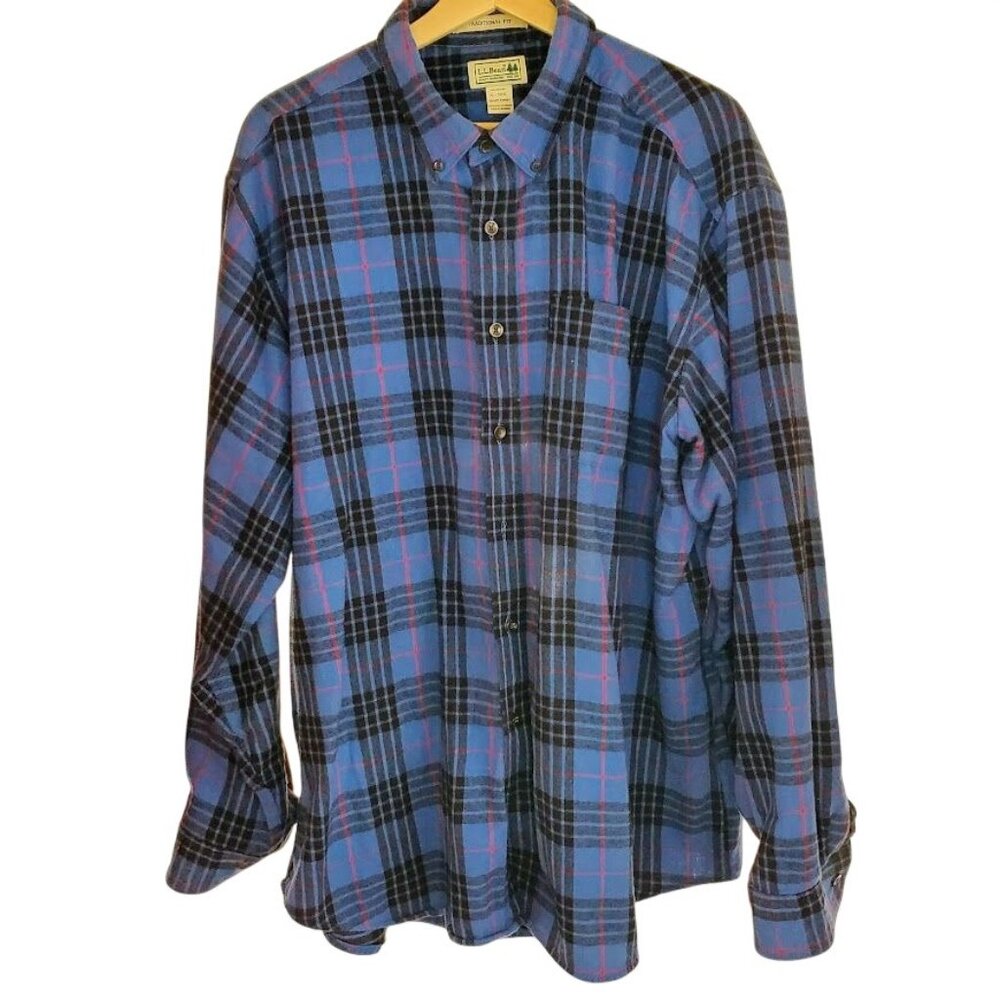 L.L. Bean Traditional Fit Plaid Flannel Shirt XL Regular Blue Cotton